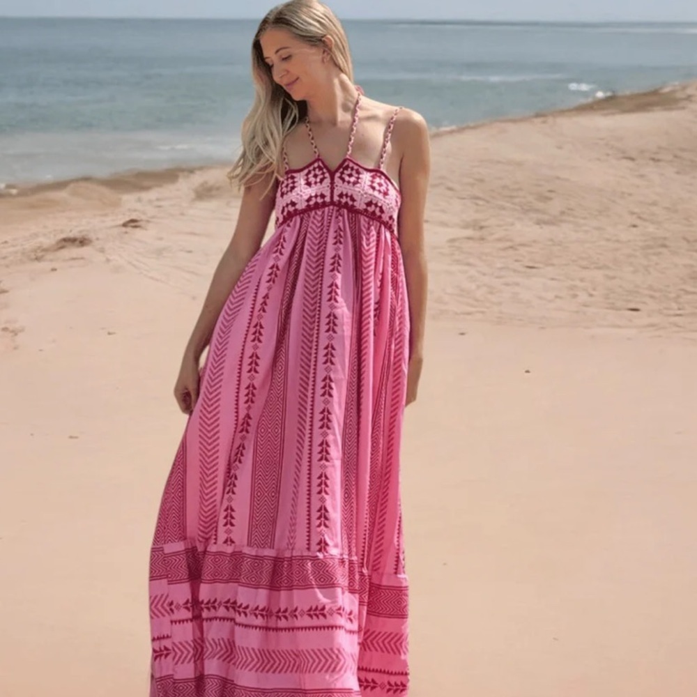 Livia Pink Red Boho Romantic Crochet Bodice Tie Neck Feminine Maxi Dress Size XS